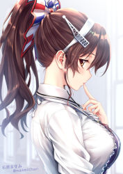 Rule 34 | 1girl, alternate costume, alternate hairstyle, ashigara (kancolle), ashigara kai ni (kancolle), blurry, blurry background, blush, breasts, brown eyes, brown hair, closed mouth, collared shirt, commentary request, day, finger to mouth, from side, hair between eyes, hair ornament, hair ribbon, hairband, highres, indoors, ishihara masumi, kantai collection, large breasts, long hair, looking at viewer, parted lips, ponytail, ribbon, shirt, sidelocks, solo, twitter username, wavy hair, white hairband, white shirt