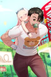 Rule 34 | 1boy, 1girl, arianna seya(born-to-die), black hair, black sclera, blue hairband, blurry, blurry background, blush, born-to-die, bracelet, child, colored sclera, food, hairband, held up, highres, holding, holding food, holding ice cream, holding ice cream cone, ice cream, ice cream cone, jewelry, long hair, original, outdoors, pink eyes, pink hair, scar, scar on arm, smile, spiked bracelet, spikes, standing, teeth
