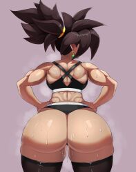 Rule 34 | 1girl, ass, back, black bra, black hair, black panties, black thighhighs, bra, curvy, dragon ball, dragon ball super, earrings, fusion, hands on own hips, highres, huge ass, jewelry, kappa spark, kefla (dragon ball), muscular, muscular female, panties, ponytail, potara earrings, saiyan, simple background, solo, spiked hair, steaming body, sweat, thick thighs, thighhighs, thighs, underwear, wide hips