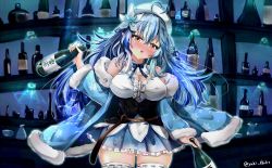 Rule 34 | 1girl, absurdres, ahoge, alcohol, bar (place), belt, beret, blue coat, blue hair, blue skirt, bottle, braid, breasts, cleavage, coat, corset, cup, dark, detached collar, drunk, ebiko yaki, flower, french braid, fur-trimmed jacket, fur trim, hair flower, hair ornament, hat, head tilt, highres, holding, holding bottle, hololive, indoors, jacket, large breasts, long hair, looking at viewer, messy hair, multicolored hair, off-shoulder jacket, off shoulder, open clothes, open jacket, open mouth, pointy ears, ribbon-trimmed legwear, ribbon trim, sake, sake bottle, shelf, skirt, snowflake print, solo, squeans, thick thighs, thighhighs, thighs, twitter username, two-tone hair, virtual youtuber, wine bottle, yellow eyes, yukihana lamy, zettai ryouiki