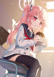 Rule 34 | 1girl, ahoge, black sailor collar, black skirt, black thighhighs, blue archive, blush, cardigan, chair, chestnut mouth, doughnut, feet out of frame, food, hair ornament, hairclip, highres, holding, indoors, kana ami, long hair, long sleeves, looking at viewer, miniskirt, natsu (blue archive), neckerchief, open mouth, parted lips, pink hair, pleated skirt, red eyes, red neckerchief, sailor collar, school uniform, serafuku, shirt, side ponytail, sitting, skirt, sleeves past wrists, solo, thighhighs, uniform, very long hair