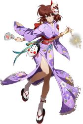 Rule 34 | 1girl, bare legs, brown eyes, brown hair, closed mouth, collarbone, flare (langrisser), floral print, fox mask, full body, hair between eyes, hairband, highres, holding, japanese clothes, kimono, langrisser, langrisser iii, long sleeves, mask, mask on head, official art, print kimono, purple kimono, shiny skin, short hair, smile, solo, standing, striped clothes, striped hairband, tabi, transparent background, white legwear, wide sleeves, yukata