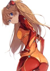 Rule 34 | 1girl, artist request, ass, blue eyes, blush, breasts, brown hair, butt crack, evangelion: 2.0 you can (not) advance, hands on own hips, highres, long hair, looking at viewer, looking back, neon genesis evangelion, plugsuit, rebuild of evangelion, shiny clothes, simple background, solo, souryuu asuka langley, test plugsuit, twintails