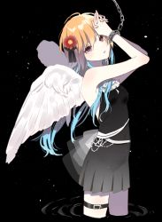 Rule 34 | 1girl, ahoge, armpits, arms up, bare arms, bare shoulders, black background, black dress, blue hair, bound, bound wrists, breasts, buckle, chain, covered navel, dress, feathered wings, idolmaster, idolmaster cinderella girls, long hair, looking at viewer, looking to the side, manio, multicolored hair, ninomiya asuka, orange hair, own hands clasped, own hands together, pink eyes, ripples, sidelocks, simple background, sleeveless, sleeveless dress, small breasts, solo, standing, thigh strap, tied up (nonsexual), two-tone hair, wading, water, white wings, wings