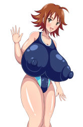 Rule 34 | 1girl, blush, breasts, brown hair, collarbone, female focus, gigantic breasts, highres, nipples, one-piece swimsuit, open mouth, puffy nipples, see-through, senwamu, shiny skin, short hair, smile, swimsuit, thighs, yellow eyes