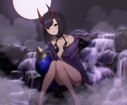 Rule 34 | 1girl, absurdres, bare shoulders, blush, bob cut, breasts, closed mouth, collarbone, eyeliner, fate/grand order, fate (series), full moon, gadeung hye, gourd, highres, horns, japanese clothes, kimono, knees together feet apart, long sleeves, looking at viewer, makeup, moon, night, night sky, off shoulder, oni, purple eyes, purple hair, purple kimono, revealing clothes, river, rock, short eyebrows, short hair, shuten douji (fate), sitting, skin-covered horns, sky, small breasts, smile, solo, thighs, wide sleeves