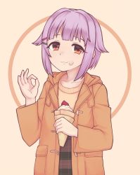 Rule 34 | 1girl, :3, absurdres, brown eyes, closed mouth, collarbone, crepe, eyebrows, food, hair ornament, hairclip, highres, holding, holding food, idolmaster, idolmaster cinderella girls, jacy, koshimizu sachiko, looking at viewer, ok sign, purple hair, short hair, smile, solo, upper body, whipped cream