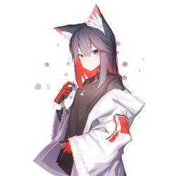 Rule 34 | 1girl, absurdres, animal ear fluff, animal ears, arknights, beudelb, black gloves, black hair, black shirt, breasts, cigarette, colored inner hair, fur-trimmed jacket, fur trim, gloves, hair between eyes, highres, holding, holding cigarette, holding lighter, jacket, jewelry, lighter, long hair, long sleeves, looking at viewer, multicolored hair, necklace, off shoulder, official alternate costume, open clothes, open jacket, red eyes, red gloves, red hair, shirt, simple background, small breasts, solo, texas (arknights), texas (winter messenger) (arknights), two-tone gloves, upper body, white background, white jacket, wide sleeves, wolf ears