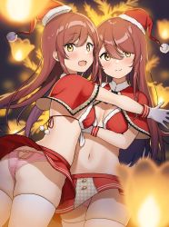 Rule 34 | 2girls, :3, :d, absurdres, ass, bad id, bad pixiv id, blurry, blurry background, blurry foreground, blush, breasts, brown hair, butt crack, capelet, cleavage, closed mouth, depth of field, gloves, hair between eyes, hat, highres, idolmaster, idolmaster shiny colors, imminent hug, light, long hair, looking at viewer, looking back, medium breasts, multiple girls, open mouth, osaki amana, osaki tenka, panties, pink panties, red capelet, red headwear, santa hat, siblings, sisters, skindentation, smile, stomach, swept bangs, thighhighs, twins, underwear, upskirt, wanimaru, white gloves, white legwear, yellow eyes