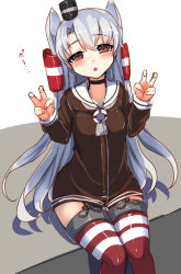 Rule 34 | 10s, 1girl, amatsukaze (kancolle), brown dress, brown eyes, double v, dress, garter straps, hair ornament, hair tubes, kantai collection, looking at viewer, open mouth, red thighhighs, sailor dress, short dress, silver hair, sitting, solo, striped clothes, striped thighhighs, tenken (gotannda), thighhighs, two side up, v