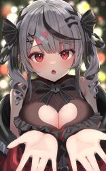 Rule 34 | 1girl, breasts, cleavage, cleavage cutout, clothing cutout, dolores (kof), grey hair, highres, hololive, large breasts, looking at viewer, medium hair, multicolored hair, sakamata chloe, solo, streaked hair, tonton utaro, twintails, virtual youtuber