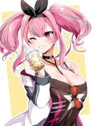 Rule 34 | 1girl, azur lane, bare shoulders, between breasts, black choker, black hairband, black sweater, blush, bra strap, breasts, bremerton (azur lane), bremerton (day-off date) (azur lane), bubble tea, choker, cleavage, collarbone, commentary request, cup, disposable cup, dress, drinking straw, eyewear hang, unworn eyewear, grey hair, grin, hair between eyes, hair intakes, hair ornament, hairband, holding, holding cup, houshi, jacket, large breasts, long hair, long sleeves, multicolored hair, no mole, off-shoulder dress, off-shoulder sweater, off shoulder, official alternate costume, one eye closed, outline, pink eyes, pink hair, red-tinted eyewear, sidelocks, smile, solo, standing, star (symbol), star print, strap between breasts, streaked hair, sweater, sweater dress, teeth, tinted eyewear, twintails, two-tone hair, upper body, white background, white jacket, yellow background