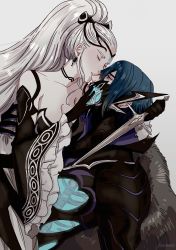 Rule 34 | 1boy, 1girl, armor, artist name, bad id, bad twitter id, black armor, black dress, black gloves, black ribbon, blue hair, bone, breasts, cape, cleavage, closed eyes, collarbone, commentary, dagger, dress, earrings, eir (fire emblem), english commentary, faunna, fire emblem, fire emblem heroes, fur-trimmed cape, fur trim, gloves, grey background, hair between eyes, hair ornament, hair ribbon, hands on another&#039;s back, hetero, highres, holding, holding dagger, holding knife, holding weapon, jewelry, kiss, kissing forehead, knife, lif (fire emblem), long hair, looking at another, mask, nintendo, ponytail, red eyes, ribbon, short hair, silver hair, simple background, skeleton, teeth, very long hair, weapon