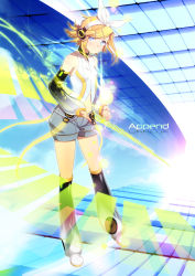 Rule 34 | 1girl, absurdres, aomusi86, arm warmers, bad id, bad pixiv id, blonde hair, blue eyes, brother and sister, detached sleeves, hair ornament, hair ribbon, hairclip, headphones, hexagon, highres, kagamine rin, kagamine rin (append), navel, ribbon, short hair, shorts, siblings, smile, solo, vocaloid, vocaloid append