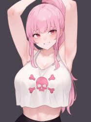 Rule 34 | 1girl, absurdres, armpits, arms up, bluefield, blush, breasts, cleavage, high ponytail, highres, hololive, hololive english, jewelry, large breasts, long hair, looking at viewer, mori calliope, mori calliope (streetwear), multicolored hair, official alternate costume, pink eyes, pink hair, ponytail, simple background, skull and crossbones, smile, solo, virtual youtuber