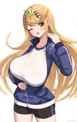 Rule 34 | absurdres, alternate costume, blonde hair, breasts, gonzarez, highres, large breasts, mythra (xenoblade), simple background, sportswear, white background, xenoblade chronicles (series), xenoblade chronicles 2, yellow eyes