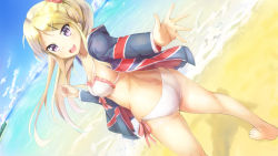 Rule 34 | 1girl, ass, beach, bikini, blonde hair, blue jacket, blush, breasts, cleavage, day, dutch angle, hair ornament, hair scrunchie, highres, jacket, kin-iro mosaic, kujou karen, kyon (kyouhei-takebayashi), long hair, looking at viewer, looking back, medium breasts, open clothes, open jacket, outdoors, outstretched arm, purple eyes, sand, scrunchie, solo, standing, swimsuit, union jack, v-shaped eyebrows, very long hair, water, white bikini, wind, x hair ornament