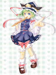 Rule 34 | 1girl, bloomers, blue eyes, bow, colorized, female focus, green hair, hat, ichiwaka (meganejon), long sleeves, mary janes, nemunemuy, pleated skirt, pointing, ribbon, rod, rod of remorse, shiki eiki, shoes, short hair, skirt, solo, standing, touhou, underwear, wide sleeves