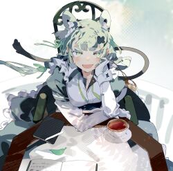 Rule 34 | 1girl, :d, animal ears, blush, book, breasts, chair, cup, fang, frills, gloves, green eyes, green hair, karei, leaf, looking at viewer, maid, medium breasts, open book, open mouth, original, pen, saucer, sitting, smile, solo, tail, tea, teacup, white gloves, wrist cuffs