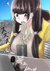 Rule 34 | 1boy, 1girl, 2koma, absurdres, arknights, artist request, building, comic, doctor (arknights), giant, giantess, girls&#039; frontline, heterochromia, highres, japanese text, ro635 (girls&#039; frontline), tagme