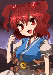Rule 34 | 1girl, :d, gradient background, hair bobbles, hair ornament, harusame (unmei no ikasumi), looking at viewer, onozuka komachi, open mouth, red eyes, red hair, scythe, short hair, smile, solo, touhou, twintails, two side up