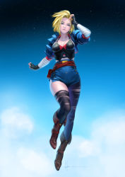 Rule 34 | 1girl, android 18, arm wrap, belt pouch, black pantyhose, black thighhighs, blonde hair, blue background, blue eyes, blue jacket, blue shorts, blue sky, blue thighhighs, boots, breasts, brown footwear, cleavage, cloud, commentary, cropped jacket, denim, denim shorts, dragon ball, dragonball z, english commentary, fingerless gloves, flying, full body, gloves, hair over one eye, hair strand, halterneck, hand on another&#039;s head, hand up, highleg, highleg shorts, highres, jacket, knee boots, looking at viewer, o-ring, open clothes, open jacket, pantyhose, pantyhose under shorts, pink lips, pouch, puffy short sleeves, puffy sleeves, short hair, short sleeves, shorts, signature, single leg pantyhose, single thighhigh, sky, solo, thighhighs, watermark, web address, wen juinn