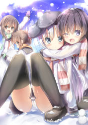 Rule 34 | 4girls, :d, ;d, akatsuki (kancolle), anchor symbol, arm support, arms up, black hat, black legwear, black sailor collar, black skirt, blue eyes, blue mittens, blue sky, blush, brown eyes, brown footwear, brown hair, brown neckwear, cameltoe, closed mouth, cloud, cloudy sky, commentary request, day, fang, flat cap, folded ponytail, fringe trim, green mittens, green scarf, hair between eyes, hair ornament, hairclip, hat, hibiki (kancolle), highres, hug, hug from behind, ikazuchi (kancolle), inazuma (kancolle), kantai collection, knees together feet apart, loafers, long hair, long sleeves, mittens, multiple girls, natuna natu, necktie, no headwear, o/, one eye closed, open mouth, outdoors, outstretched arms, panties, pantyhose, pantyshot, profile, purple eyes, purple hair, red mittens, sailor collar, scarf, school uniform, serafuku, shirt, shoes, silver hair, sitting, skirt, sky, smile, snow, snowman, thighhighs, underwear, very long hair, white panties, white shirt
