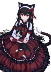 Rule 34 | 1girl, animal, animal ear fluff, animal ears, black hair, bow, cat, cat ears, cat girl, cat tail, character request, copyright request, dress, frilled dress, frills, gothic lolita, hair bow, highres, holding, holding animal, holding cat, lolita fashion, long hair, red dress, red eyes, shibanme tekikumo, simple background, sitting, solo, tail, white background, white dress