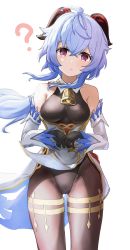 Rule 34 | 1girl, ?, ahoge, bare shoulders, bell, black gloves, black leotard, blue hair, blush, bodystocking, bodysuit, breasts, brown pantyhose, clothes lift, covered erect nipples, cowboy shot, crotch, detached sleeves, ganyu (genshin impact), genshin impact, gloves, gold trim, groin, highres, horns, leotard, leotard under clothes, long hair, looking at viewer, low ponytail, medium breasts, mezurashiiaji, neck bell, pantyhose, pelvic curtain, pelvic curtain lift, purple eyes, sidelocks, solo, standing, thighlet, waist cape, white background, white sleeves, wind, wind lift