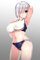 Rule 34 | 1girl, arm up, blue eyes, blush, breasts, grey background, hair ornament, hair over one eye, hairclip, hamakaze (kancolle), highres, kantai collection, large breasts, navel, parted lips, short hair, silver hair, simple background, solo, sports bra, sportswear, yoshi tama