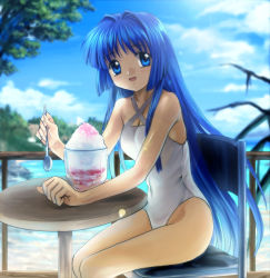 Rule 34 | 1girl, bare shoulders, blue eyes, blue hair, blurry, breasts, casual one-piece swimsuit, chair, cleavage, cloud, day, depth of field, food, hair intakes, halterneck, highres, holding, holding spoon, kanon, lens flare, long hair, looking at viewer, matching hair/eyes, medium breasts, minase nayuki, mutsuki (moonknives), ocean, one-piece swimsuit, outdoors, railing, shaved ice, sidelocks, sitting, sky, smile, solo, spoon, swimsuit, table, tree, very long hair, water