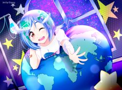 Rule 34 | 1girl, earth-chan, multicolored hair, one eye closed, open mouth, wink