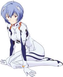 Rule 34 | 1girl, absurdres, arm support, artist request, ayanami rei, blue hair, bodysuit, bracer, from side, full body, gloves, hair between eyes, hair ornament, highres, interface headset, leaning forward, light smile, looking at viewer, neon genesis evangelion, official art, pale skin, pilot suit, plugsuit, red eyes, short hair, sitting, skinny, smile, smlc, solo, transparent background, turtleneck, vector trace, wariza