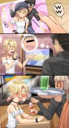 Rule 34 | absurdres, blonde hair, blouse, blush, breasts, comic, cup, dating, drinking glass, eating, embarrassed, food, full-face blush, gouda takeshi, hat, highres, ice cream, kitsunerider, microphone, open mouth, original, scrunchie, shirt, sleeveless, small breasts, translation request, white shirt, wrist scrunchie