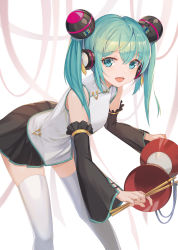 Rule 34 | 1girl, :d, black skirt, black sleeves, blue eyes, blush, btraphen, china dress, chinese clothes, commentary request, detached sleeves, dress, green hair, hair between eyes, hair ornament, hatsune miku, holding, korean commentary, leaning forward, long hair, long sleeves, looking at viewer, open mouth, pleated skirt, ribbon, simple background, skirt, sleeveless, sleeveless dress, smile, solo, thighhighs, twintails, vocaloid, white background, white dress, white thighhighs, wide sleeves