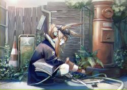 Rule 34 | 1girl, amiya (arknights), animal, animal ears, arknights, black hat, black jacket, black socks, blue eyes, brown hair, bug, clothes writing, day, drainpipe, fence, fingerless gloves, gekichuu youkai, gloves, grass, hat, headphones, highres, holding, hose, jacket, kneehighs, long hair, long sleeves, looking at animal, looking away, looking down, newspaper, open mouth, paper stack, plant, poking, ponytail, postbox (outgoing mail), potted plant, profile, rabbit ears, road sign, shadow, sidelocks, sign, socks, solo, squatting, traffic cone, tree, wooden fence