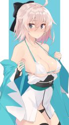Rule 34 | 1girl, absurdres, ahoge, arm guards, bare shoulders, bikini, bikini top only, black bow, black legwear, black panties, blonde hair, blue background, blush, border, bow, breasts, cleavage, collarbone, fate/grand order, fate (series), grey eyes, hair between eyes, half updo, haori, highres, japanese clothes, kimono, koha-ace, looking at viewer, medium breasts, obi, off shoulder, okita souji (fate), okita souji (koha-ace), open clothes, panties, sash, short hair, short kimono, shunichi, simple background, skindentation, solo, swimsuit, thighs, underwear, white background, white bikini, white border, white kimono, wide sleeves