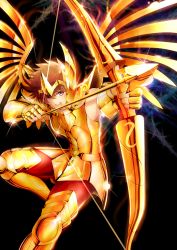 Rule 34 | 1boy, armor, bad id, bad pixiv id, boots, bow (weapon), brown eyes, brown hair, circle, drawing bow, gauntlets, gold armor, gradient background, holding, holding bow (weapon), holding weapon, male focus, odawara ai, open mouth, pegasus seiya, saint seiya, short hair, weapon, wings
