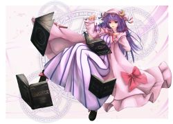 Rule 34 | 1girl, bad id, bad pixiv id, book, coat, crescent, dress, female focus, floating, floating book, floating object, hat, highres, long sleeves, magic circle, maru-pen, open clothes, open coat, open mouth, patchouli knowledge, purple dress, purple eyes, purple hair, solo, striped clothes, striped dress, touhou