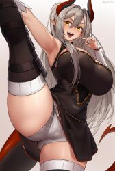 Rule 34 | 1girl, bare shoulders, black dress, black thighhighs, blush, breasts, cleavage, cleavage cutout, clothing cutout, detached sleeves, dress, grey hair, highres, horns, iwbitu, large breasts, leg lift, leg up, long hair, looking at viewer, open mouth, original, panties, pointy ears, short dress, smile, solo, split, standing, standing on one leg, standing split, tail, thighhighs, thighs, underwear, white panties, yellow eyes