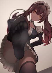 1girl animated black_thighhighs brown_eyes brown_hair closed_eyes feet footprints hands_on_own_hips highres long_hair looking_at_viewer maid open_mouth panties pantyshot pov sajina see-through_clothes see-through_legwear smile soles sound steam thighhighs toes twintails underwear upskirt video