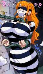 Rule 34 | 1girl, blindfold, bound, breasts, chain, cuffs, earrings, gag, handcuffs, highres, huge breasts, jewelry, large breasts, nami (one piece), one piece, orange hair, prison clothes, rebake, solo, teeth
