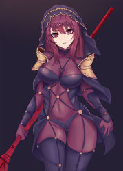 Rule 34 | 1girl, armor, arms at sides, bad id, bad pixiv id, black thighhighs, bodysuit, breasts, covered navel, cowboy shot, fate/grand order, fate (series), gae bolg (fate), gluteal fold, gongba laoge, highres, holding, holding weapon, looking at viewer, medium breasts, parted lips, pauldrons, purple bodysuit, purple eyes, purple hair, scathach (fate), shoulder armor, smile, solo, thighhighs, veil, weapon