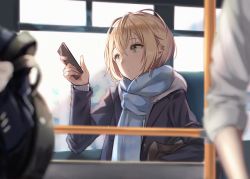 Rule 34 | 1girl, bag, black jacket, blonde hair, blue scarf, blurry, blurry background, blurry foreground, bus interior, cellphone, closed mouth, commentary request, day, depth of field, ear piercing, green eyes, hair between eyes, hand up, holding, holding phone, hood, hood down, hoodie, jacket, looking away, mappaninatta, open clothes, open jacket, original, phone, piercing, scarf, school bag, school uniform, shirt, sitting, solo focus, upper body, white hoodie, white shirt