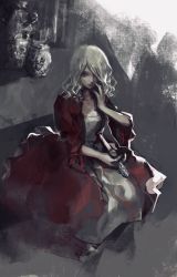 Rule 34 | 1girl, arianna (bloodborne), blonde hair, blood, bloodborne, breasts, closed mouth, coat, collarbone, commentary request, dress, expressionless, hair over one eye, hand up, highres, holding, holding knife, holding weapon, juliet sleeves, knife, long hair, long sleeves, looking at viewer, medium breasts, nira (nira box), pot, puffy sleeves, red coat, sitting, sketch, sleeves past elbows, solo, stab, weapon, white dress