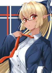 Rule 34 | 1girl, :o, absurdres, adjusting clothes, adjusting necktie, black-framed eyewear, blazer, blonde hair, blue bow, blue jacket, borumete, bow, breasts, collared shirt, dark-skinned female, dark skin, dress shirt, elf, glasses, hair bow, hair intakes, highres, hololive, jacket, large breasts, long hair, long sleeves, looking at viewer, multicolored hair, necktie, open clothes, open jacket, pointy ears, ponytail, red eyes, red necktie, shiranui flare, shirt, solo, streaked hair, upper body, very long hair, virtual youtuber, white shirt