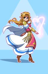 Rule 34 | 1girl, akairiot, blue eyes, boots, bracer, brown hair, cape, commentary, dress, earrings, english commentary, full body, heart, high heel boots, high heels, highres, jewelry, long dress, long hair, looking at viewer, nintendo, pointy ears, princess zelda, sidelocks, smile, solo, standing, super smash bros., tabard, the legend of zelda, the legend of zelda: a link between worlds, tiara, toeless footwear, toes, triforce