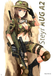 Rule 34 | 1girl, assault rifle, belt, boots, breasts, brown eyes, brown hair, buckle, bullpup, camouflage, cleavage, fingerless gloves, front-tie top, glock, gloves, goggles, goggles around neck, gun, handgun, hat, holster, knee pads, midriff, military operator, navel, original, pistol, rifle, scope, shirt, short hair, shorts, smile, snap-fit buckle, solo, steyr aug, thigh holster, tied shirt, trigger discipline, tsurui, vertical forward grip, watch, weapon