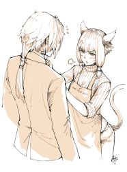 Rule 34 | 1boy, 1girl, absurdres, adjusting clothes, adjusting necktie, animal ears, cat ears, cat tail, facial mark, final fantasy, final fantasy xiv, hair tubes, highres, hjz (artemi), miqo&#039;te, monochrome, neck tattoo, necktie, ponytail, short hair, sketch, sleeves rolled up, sweater, tail, tattoo, thancred, y&#039;shtola rhul