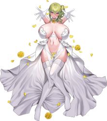 Rule 34 | 1girl, armpit peek, blush, breasts, breasts apart, cleavage, collar, defeat, detached collar, dress, drill hair, erato (last origin), flower, frills, gloves, green hair, heart, heart-shaped pupils, highres, huge breasts, kirome (kamipaper), knees together feet apart, lace, lace-trimmed legwear, lace trim, last origin, linea alba, long skirt, looking at viewer, lying, medium hair, navel, neck flower, no shoes, official alternate costume, official art, on back, open clothes, open mouth, open skirt, outstretched arms, pelvic curtain, petals, ponytail, purple eyes, revealing clothes, rose, rose petals, shiny, shiny skin, showgirl skirt, side ponytail, simple background, skindentation, skirt, solo, strapless, strapless dress, suggestive fluid, sweat, symbol-shaped pupils, thighhighs, thighs, transparent background, twin drills, underwear, wedding, white collar, white gloves, white skirt, white thighhighs, wing collar, yellow flower, yellow rose
